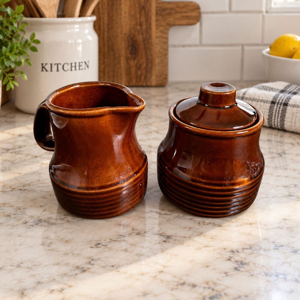 Vintage Brown Glazed Stoneware Creamer & Lidded Sugar Bowl Set Retro